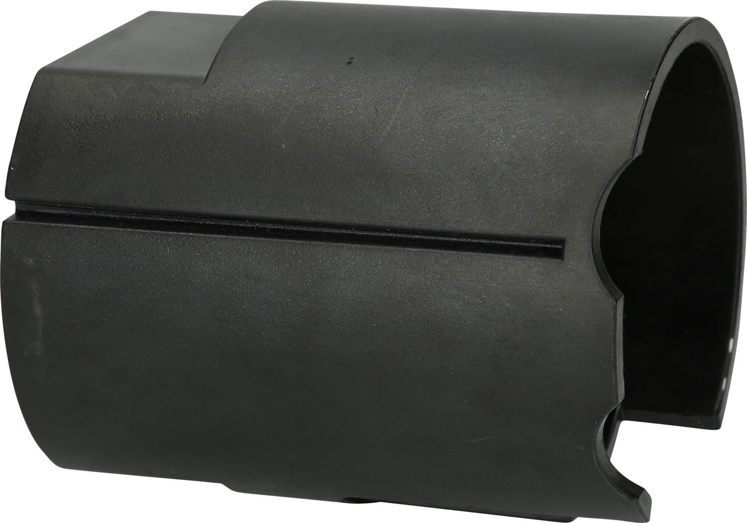A black, cylindrical plastic component with a notch on the side, potentially a housing or cover for a mechanical part.