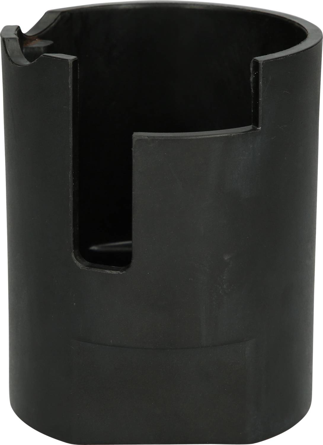 A black metal cylinder with two lateral recesses, hollow in the centre. Purpose unknown.