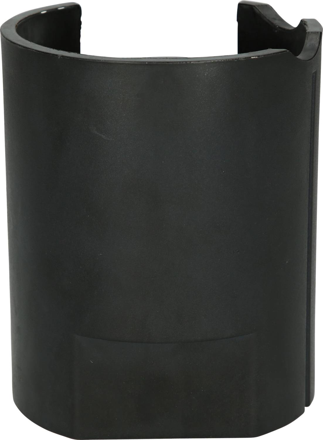 A black, cylindrical plastic cover, likely a protective cap or mounting bracket for a technical device.