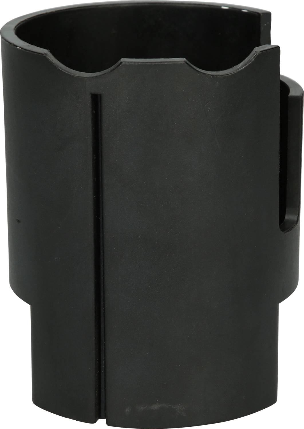 A black plastic cup with two insertion slots for writing implements.