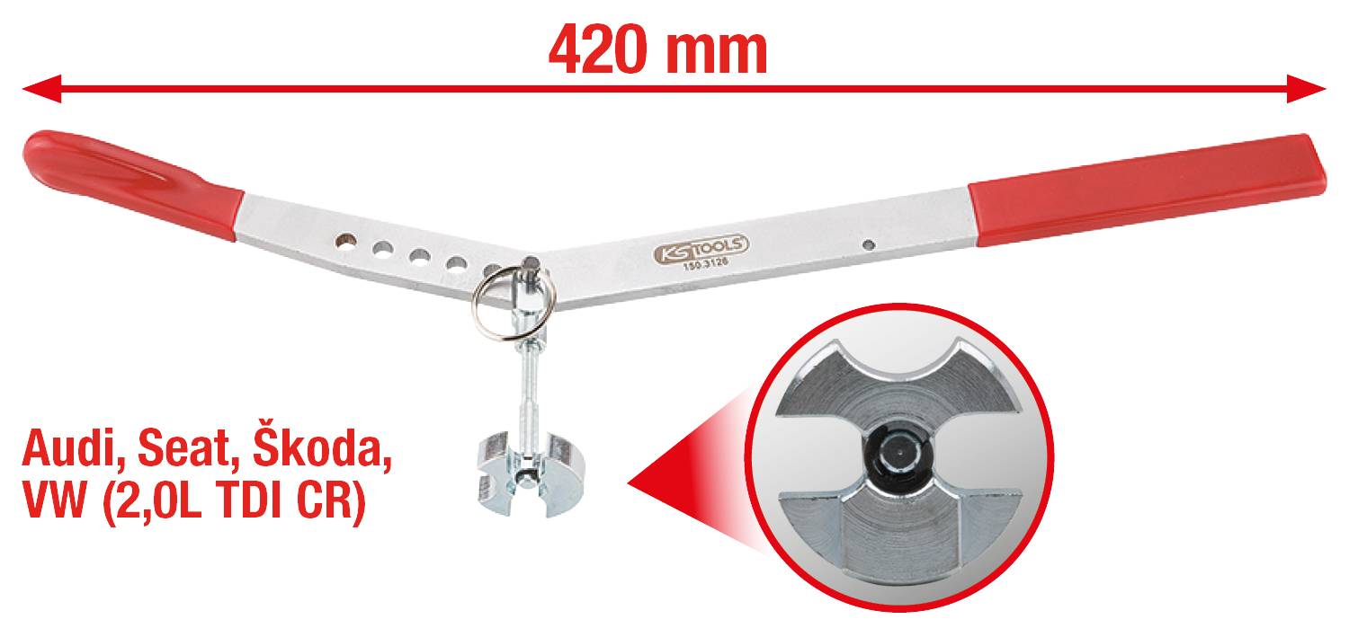 A valve tool with a red handle for Audi, Seat, Škoda, VW (2.0L TDI CR). Length 420 mm, with special adapter in focus.