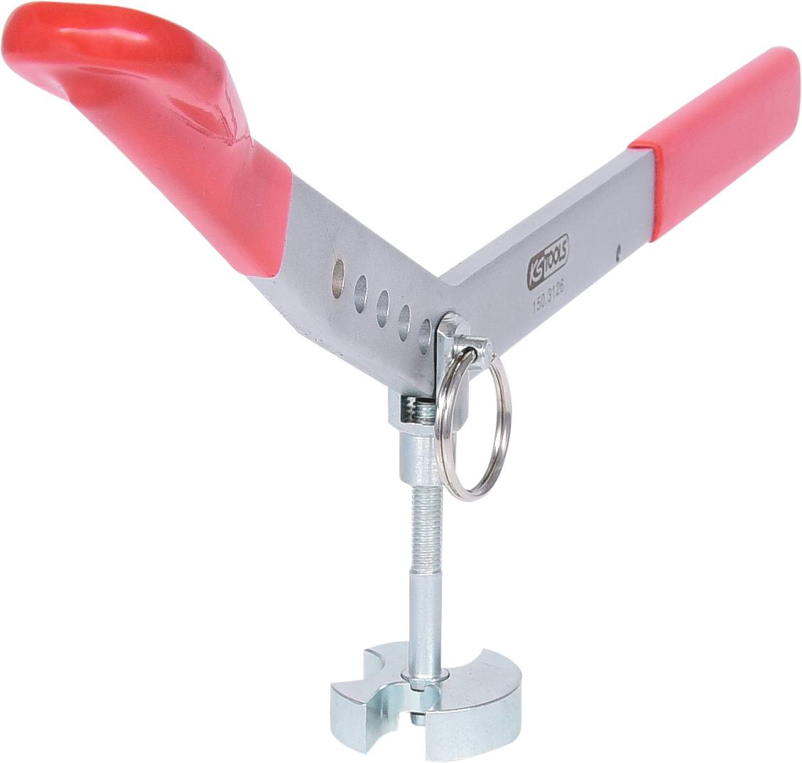 A silver steering wheel security lock with a red plastic handle. It has a telescopic rod and is used to prevent car theft.