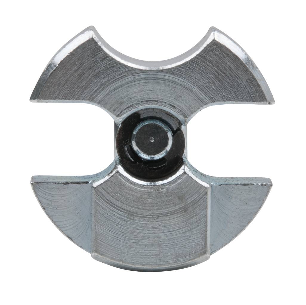 Round metal connecting piece with four symmetrical wings and a central hole; used for fastening furniture components.