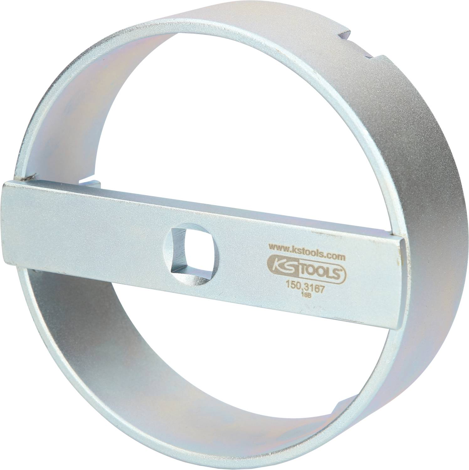 Metallic oil filter wrench by KS Tools for removing and installing oil filters. Circular in shape with an internal handle.
