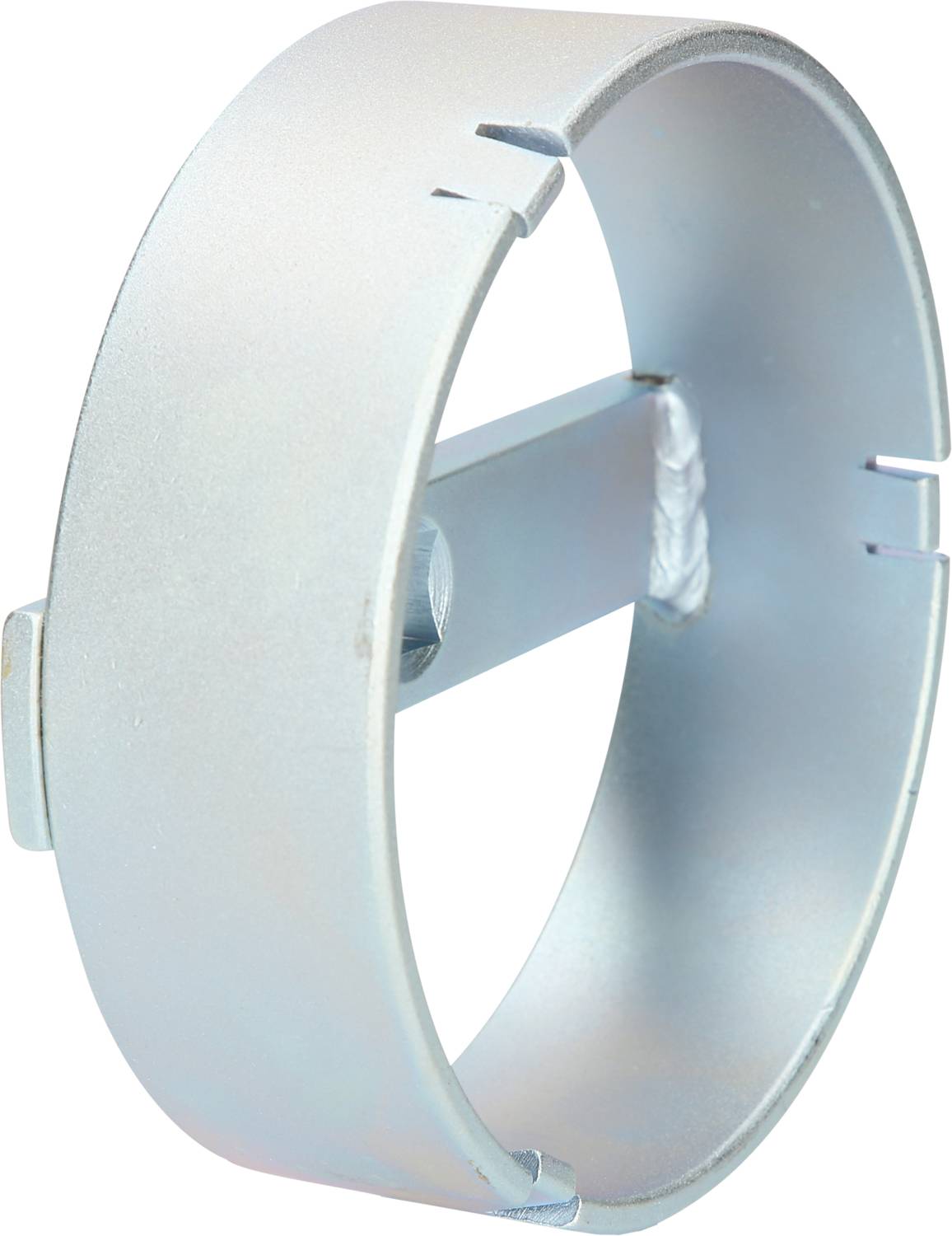 Metallic spare part, circular with a central bridge. Used for fastening or as a component of a larger mechanism.