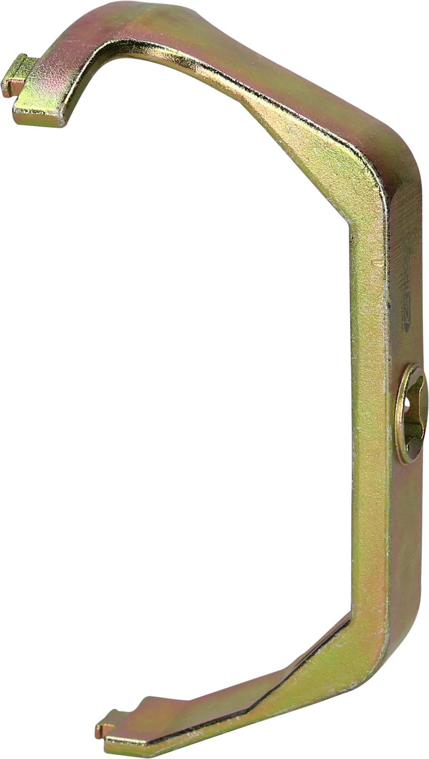 Metallic, C-shaped component with a central fixing hole, possibly a bracket or clip for mounting.