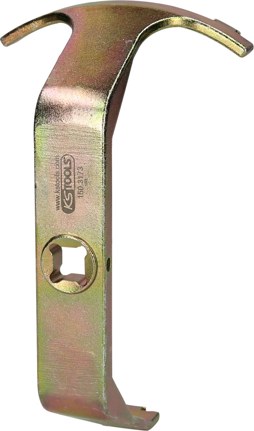 A metallic tool with two hooks and a hexagonal opening in the centre, likely used for tightening or loosening bolts.