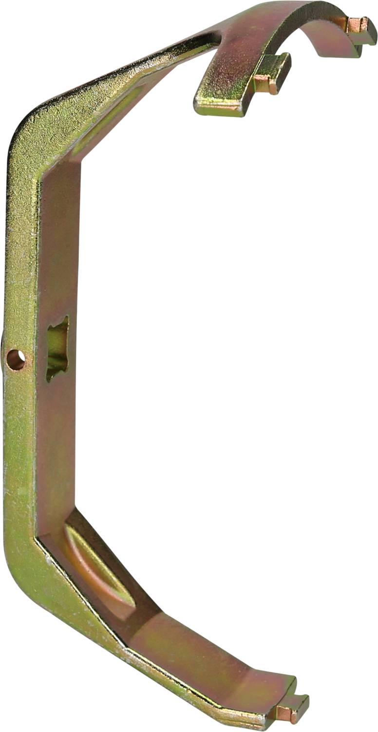 Metal clip with a curved shape, holes, and small protrusions, possibly part of a fastening system.