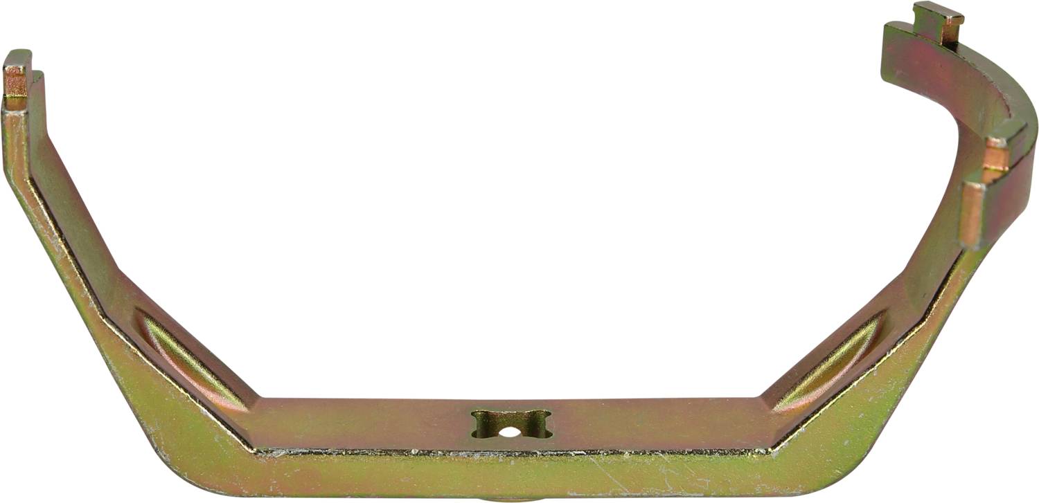 A curved metal part with a hole in the centre, likely a holding or fastening component.