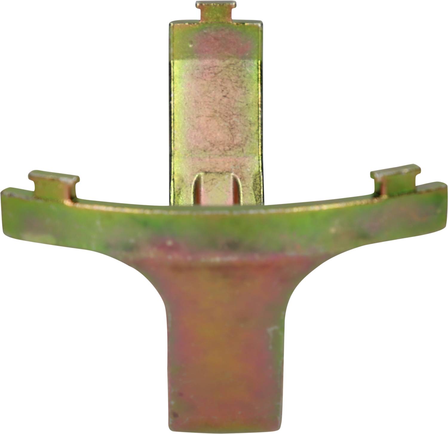 A metallic T-shaped component with three lateral coupling points and a smooth surface, likely a connecting element.