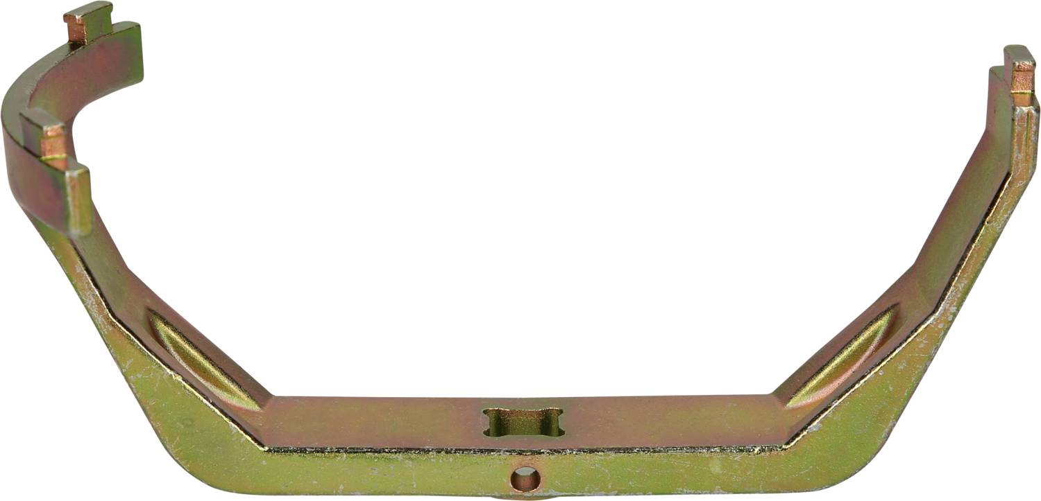 Metallic U-shaped bracket, likely part of a larger mechanical construction. Gold-coloured coating.