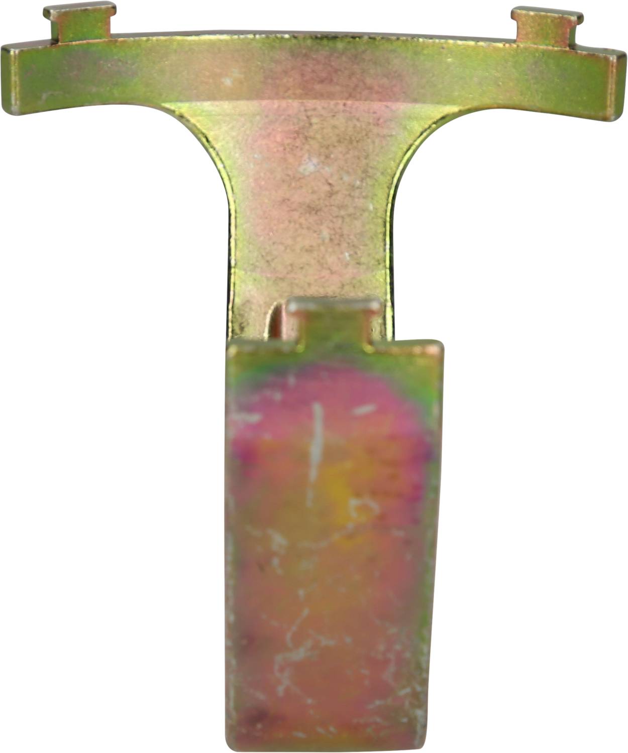 Metallic T-shaped workpiece, gold-coloured with pink and green shading, on a white background.