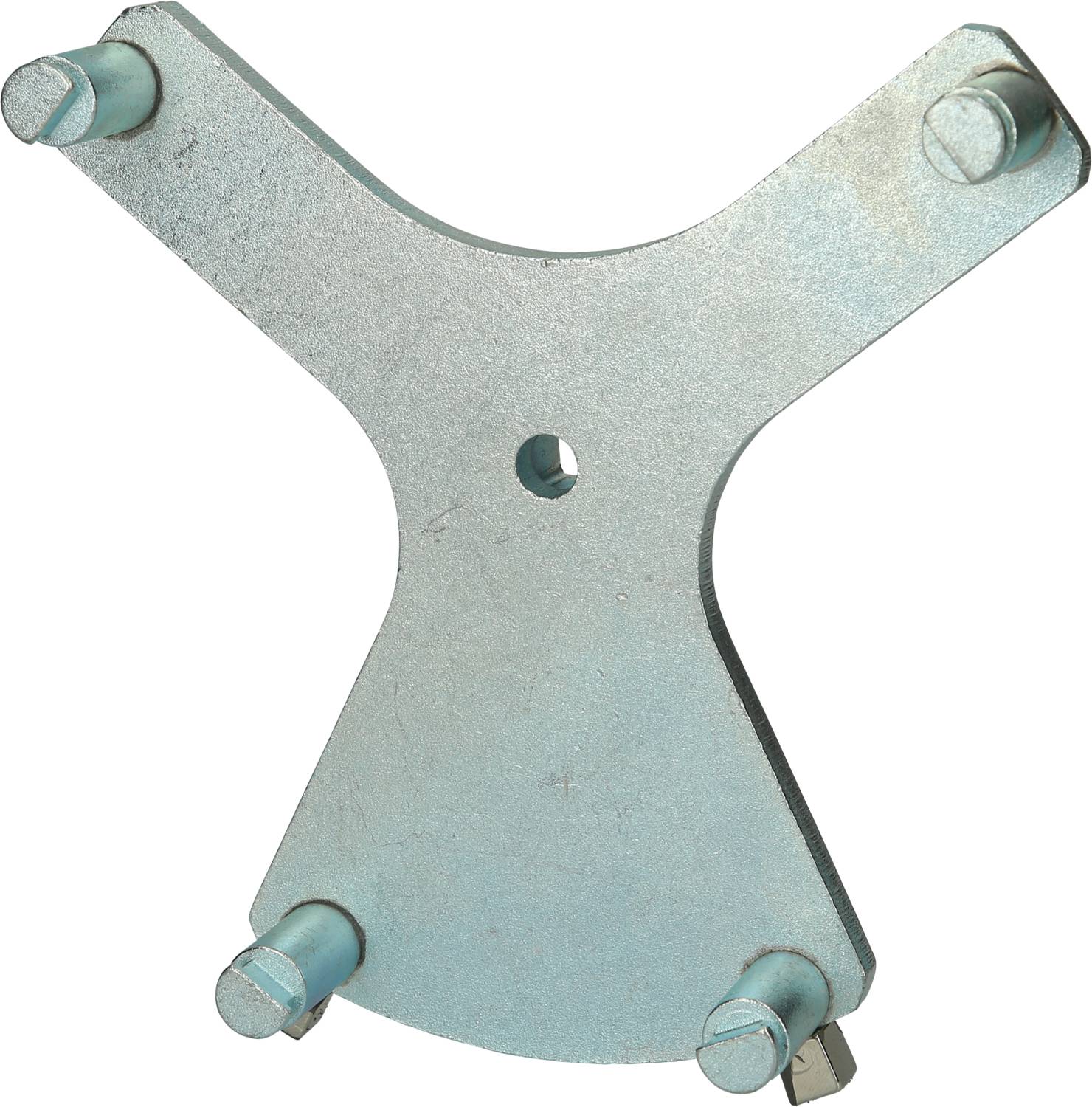 Metal component in Y-shape with four bolts at the ends, likely a machine part or tool, with a central hole drilling at the centre.