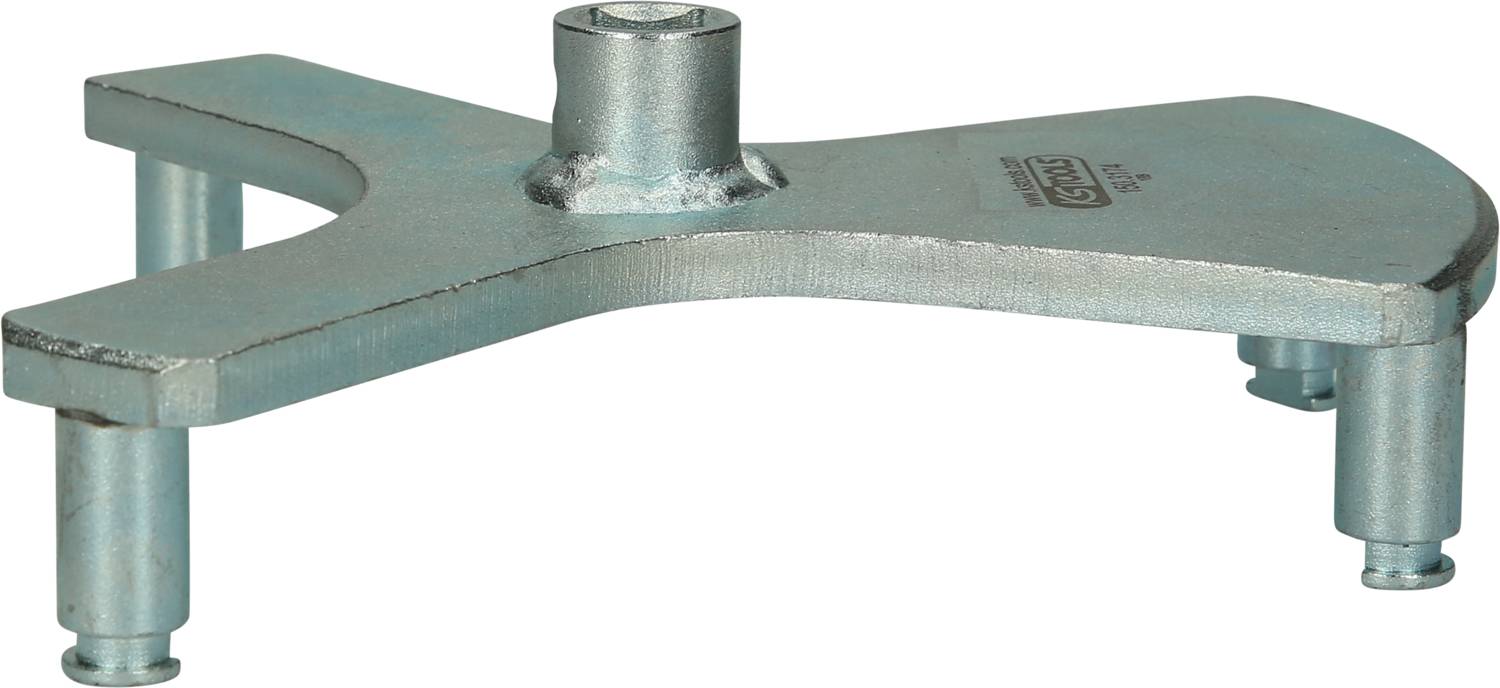 Silver metal tool with a cross-shaped base and four protruding bolts, possibly a specialised industrial tool.