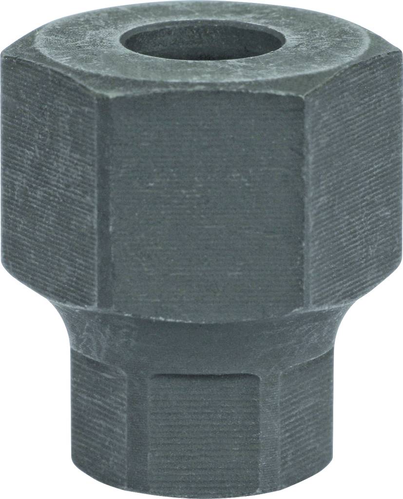 A metallic tool component with a hexagonal shape and a central hole, potentially suitable for use in machinery or repair work.