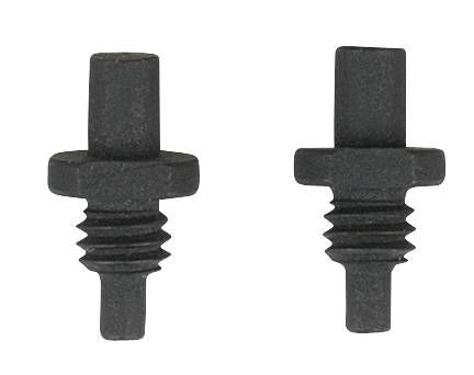 Two black, cone-shaped plastic stoppers with screw threads, placed side by side on a white background.