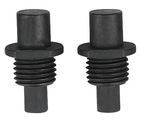 Two black, cylindrical plastic screw caps with threads, standing side by side.