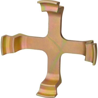 A metallic, pavement-like component with four arms, each bent at the ends. The colour is a blend of gold and rainbow hues.