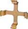 A metallic, pavement-like component with four arms, each bent at the ends. The colour is a blend of gold and rainbow hues.