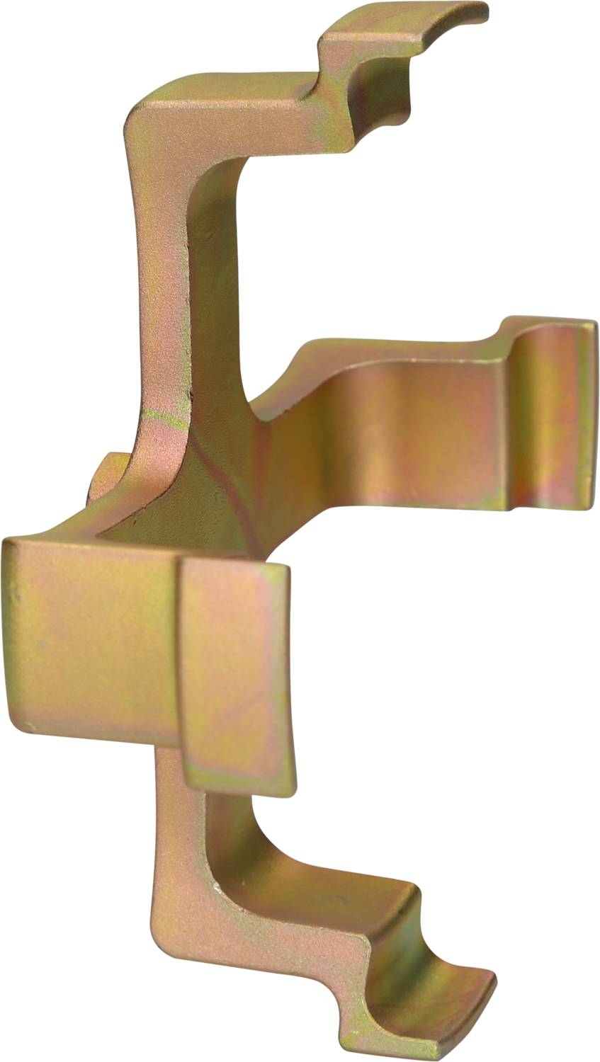 Metal clip viewed from the side. The clip has three branched arms, each of which is bent outwards.