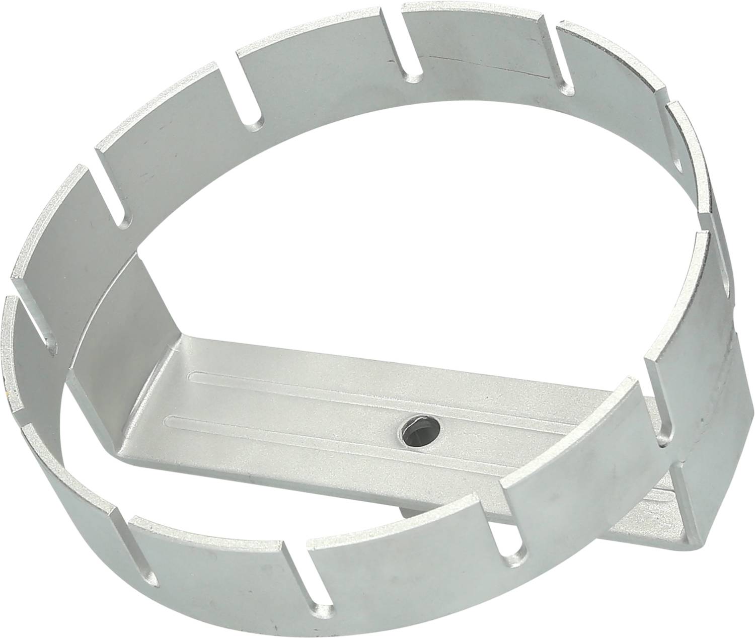Metal mounting bracket with a circular design and rectangular mounting plate, suitable for electronic devices or lamps.