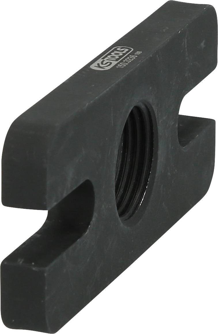 Black, rectangular metal piece with a central threaded bore and two lateral recesses.