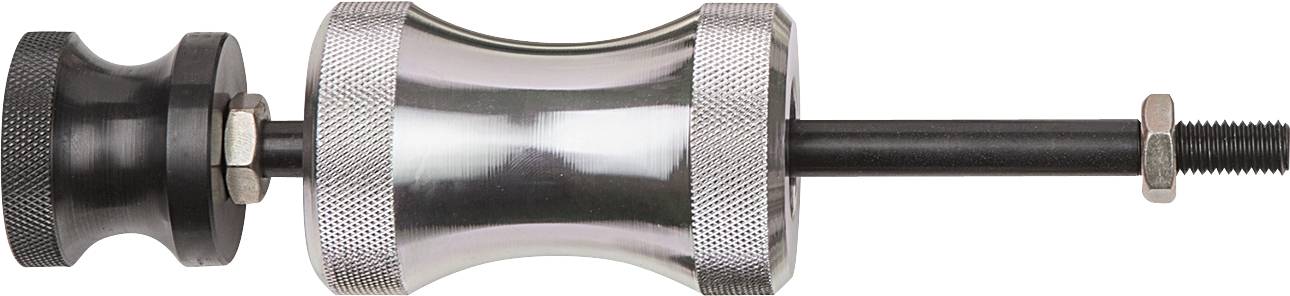 Metallic scraper with a textured surface, black handle on the left and screw mechanism on the right, for use in mechanical applications.