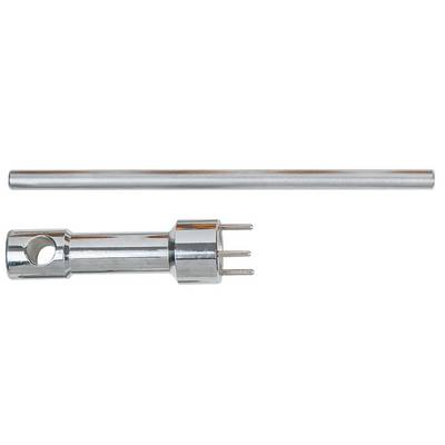 Two metal components: A cylindrical tube at the top and a nozzle with three pins and an opening at the bottom. They are positioned side by side.
