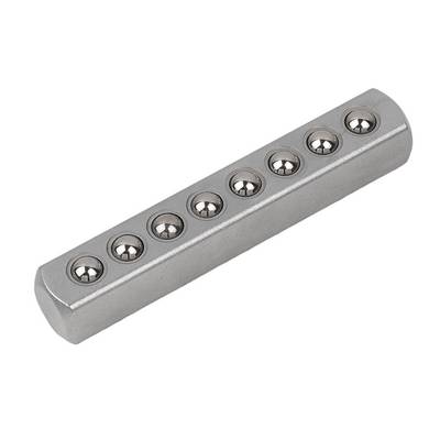A silver metal strip with eight integrated ball bearings, evenly distributed and recessed.