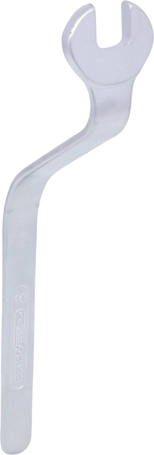 A silver hook spanner with an angled handle, used for securing screw connections.