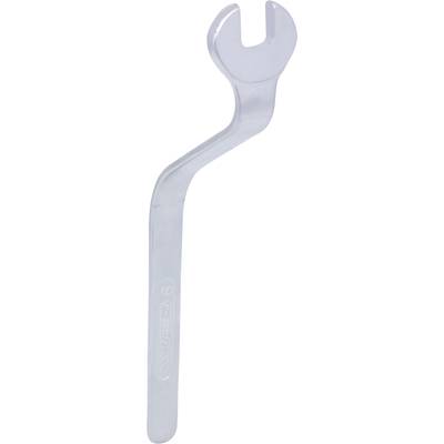 A silver hook spanner with an angled handle, used for securing screw connections.