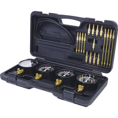 Carrying case with three pressure gauges and various connections for vehicle diagnostics. Suitable for checking fuel pressure.