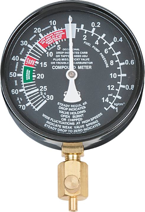 Manometer with black dial, indicating pressure in psi and kPa. White scale with red and green zones for specific measurement values.