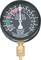 Manometer with black dial, indicating pressure in psi and kPa. White scale with red and green zones for specific measurement values.