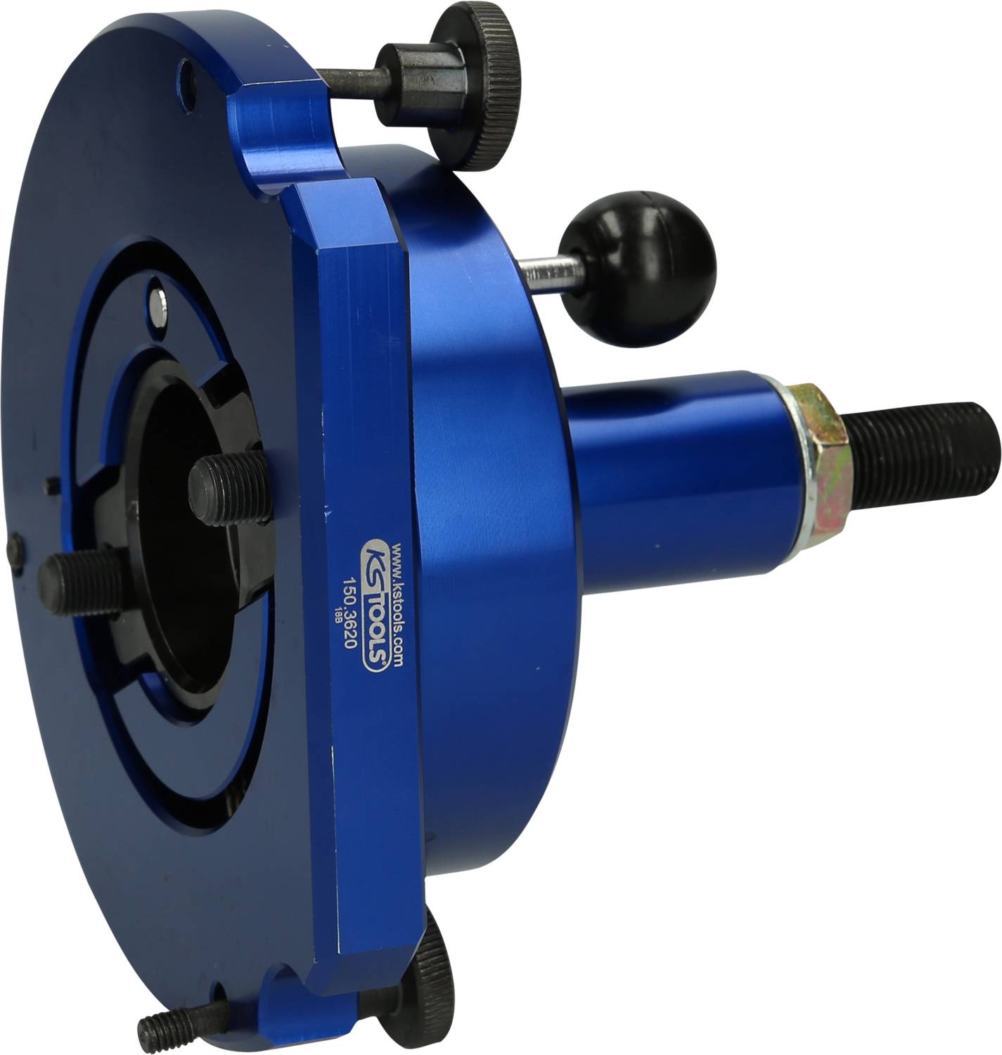 Blue mechanical tool with a circular housing, several black screws, and a sturdy handle for securing or adjusting parts.