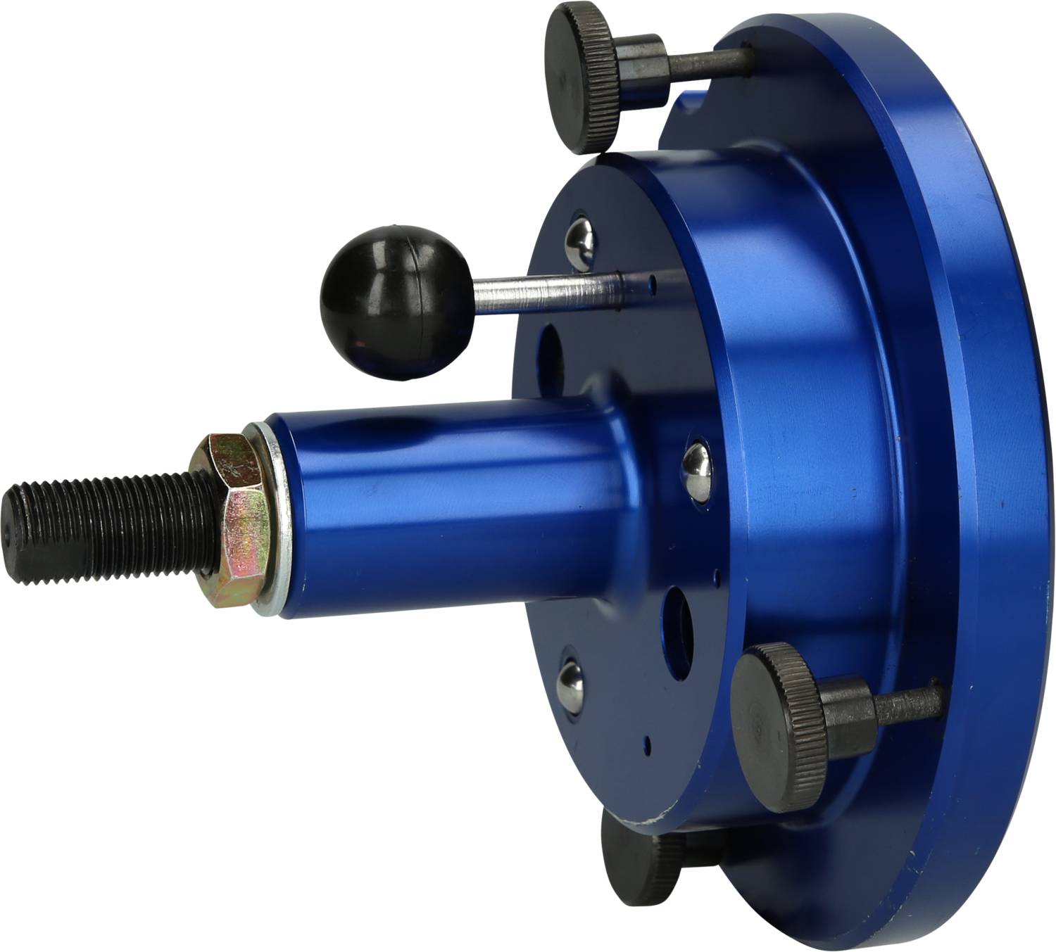 Blue motor rotation adapter with lever and screws, used for fine adjustment and mounting in technical applications.