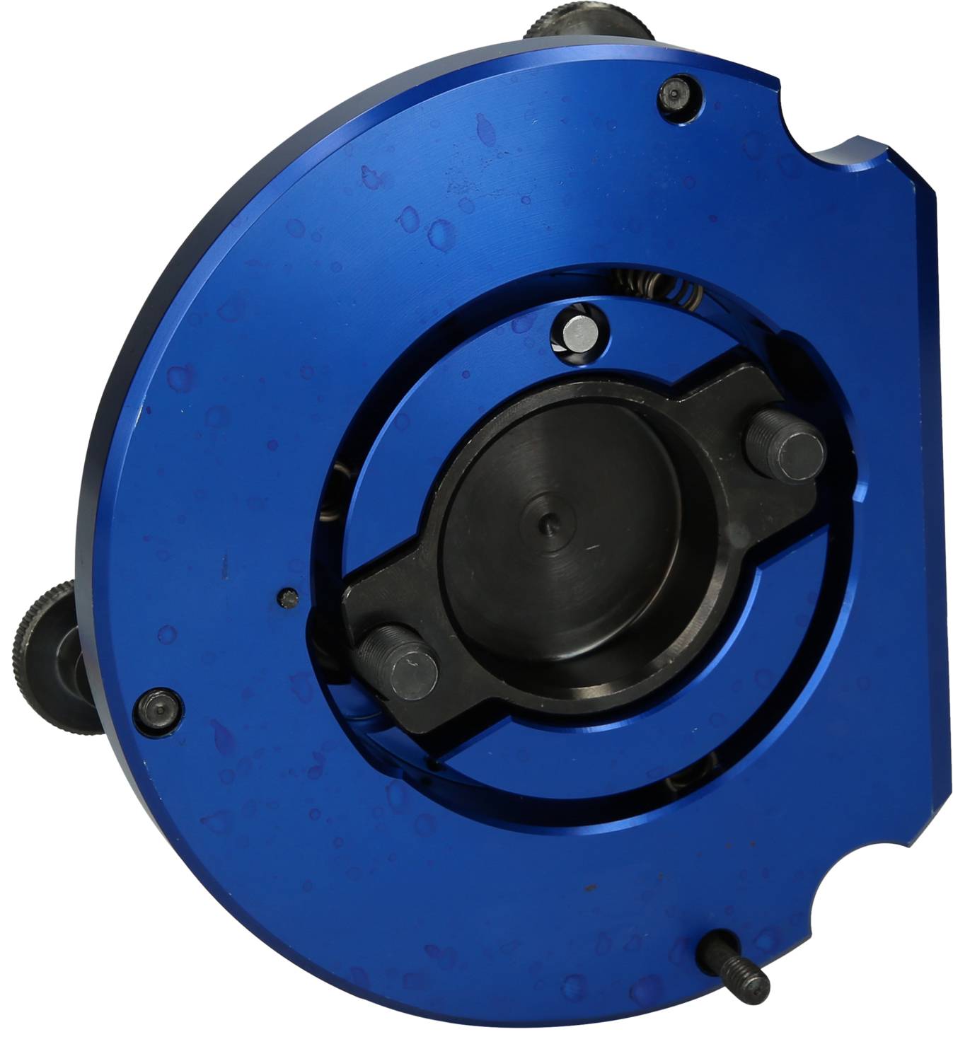 A blue metal adapter for a machine or tool, with multiple screws and a central mounting point.