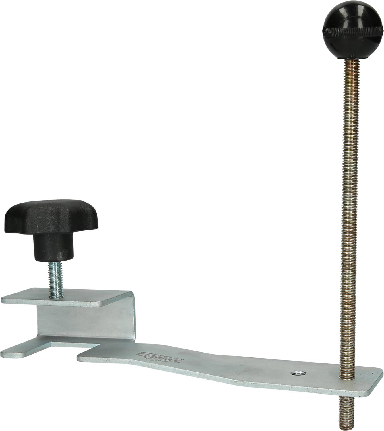 Metal G-clamp with black plastic grip cap and long threaded bolt. Used for securing workpieces.