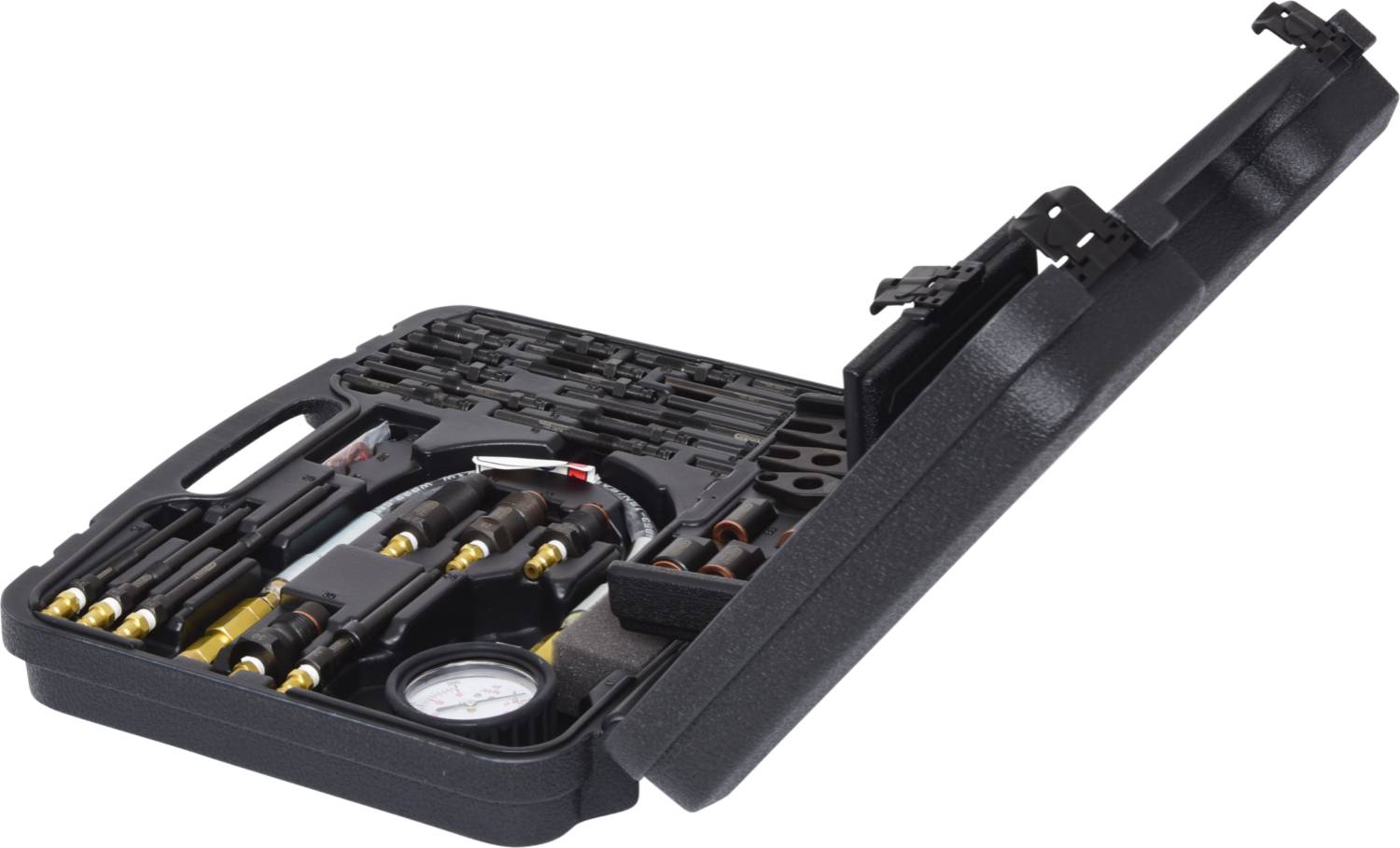 An open toolbox with various tools, including screwdrivers and measuring instruments.
