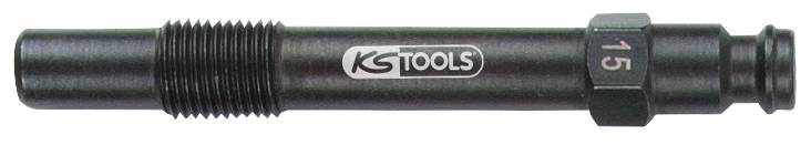 Black cylindrical metal adapter with thread and hexagonal socket. Inscription 'KS Tools'.
