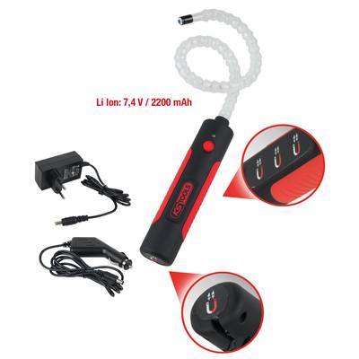 Portable, rechargeable inspection camera with a flexible, illuminated gooseneck. Charging devices and controls shown.