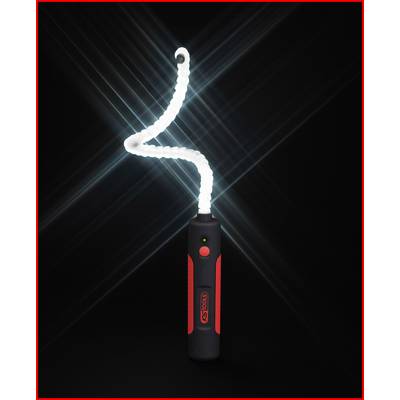 A handy LED tool light with a flexible illumination arm on a black background. The light shines intensely and emphasises its flexibility.