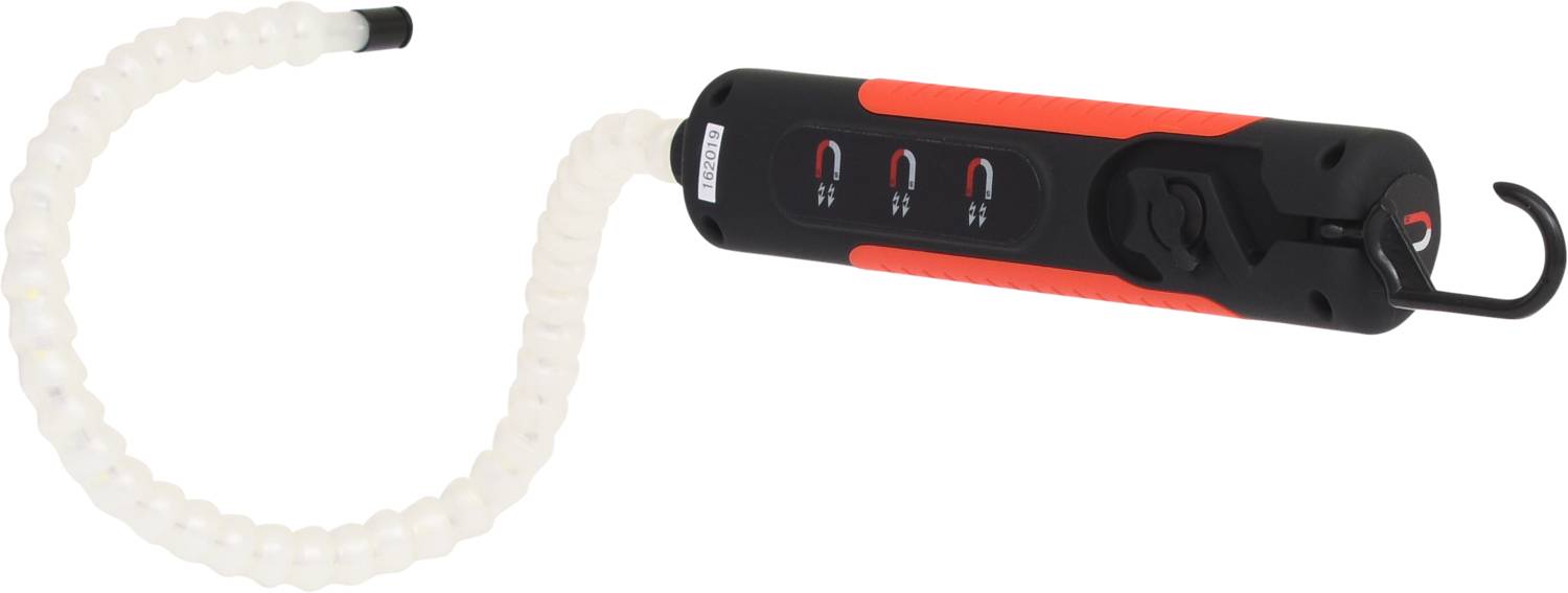 A flexible, portable work light with a hook and adjustable brightness, ideal for workshops or outdoor work.