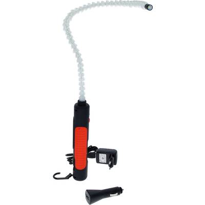 Long, flexible LED light tool with red handle, hook and charging adapter, suitable for hard-to-reach areas.