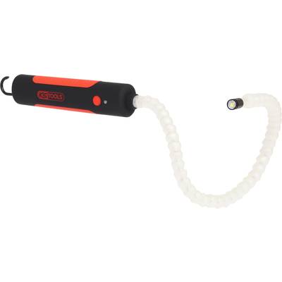 A flexible inspection light with a red and black handle, connected to a flexible, white illumination arm.