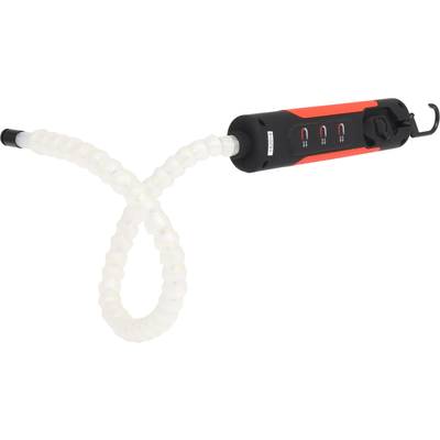 Flexible LED work light with red and black housing, flexible arm and hook, ideal for illuminating hard-to-reach areas.