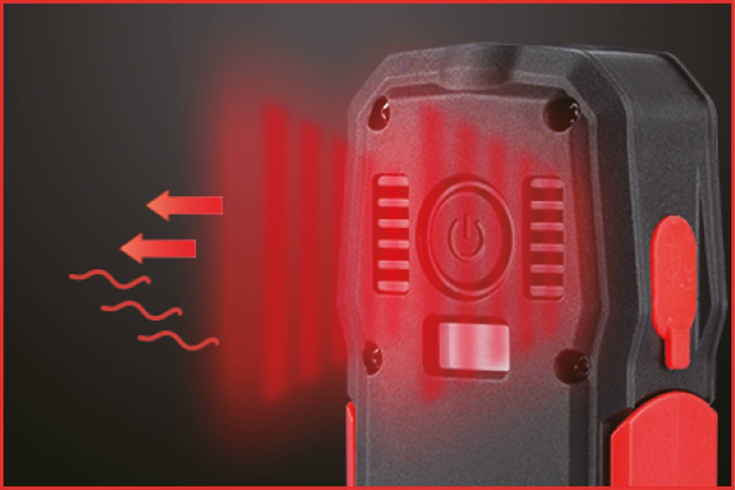 A black device with a red light emits waves. It displays a circle with a power symbol and a rectangular element beneath it.