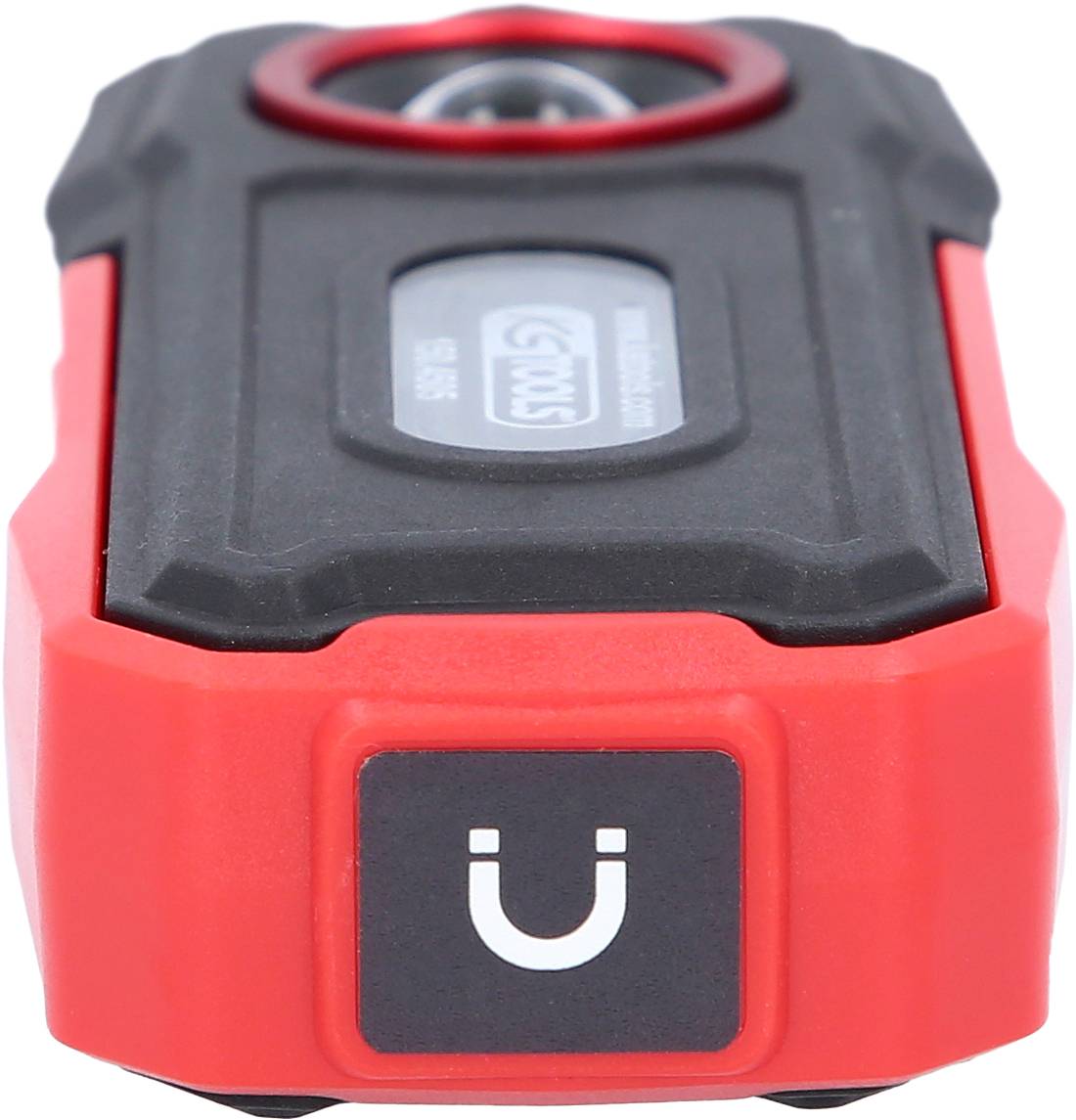A hand-sized, red device with a magnetic symbol on the front.
