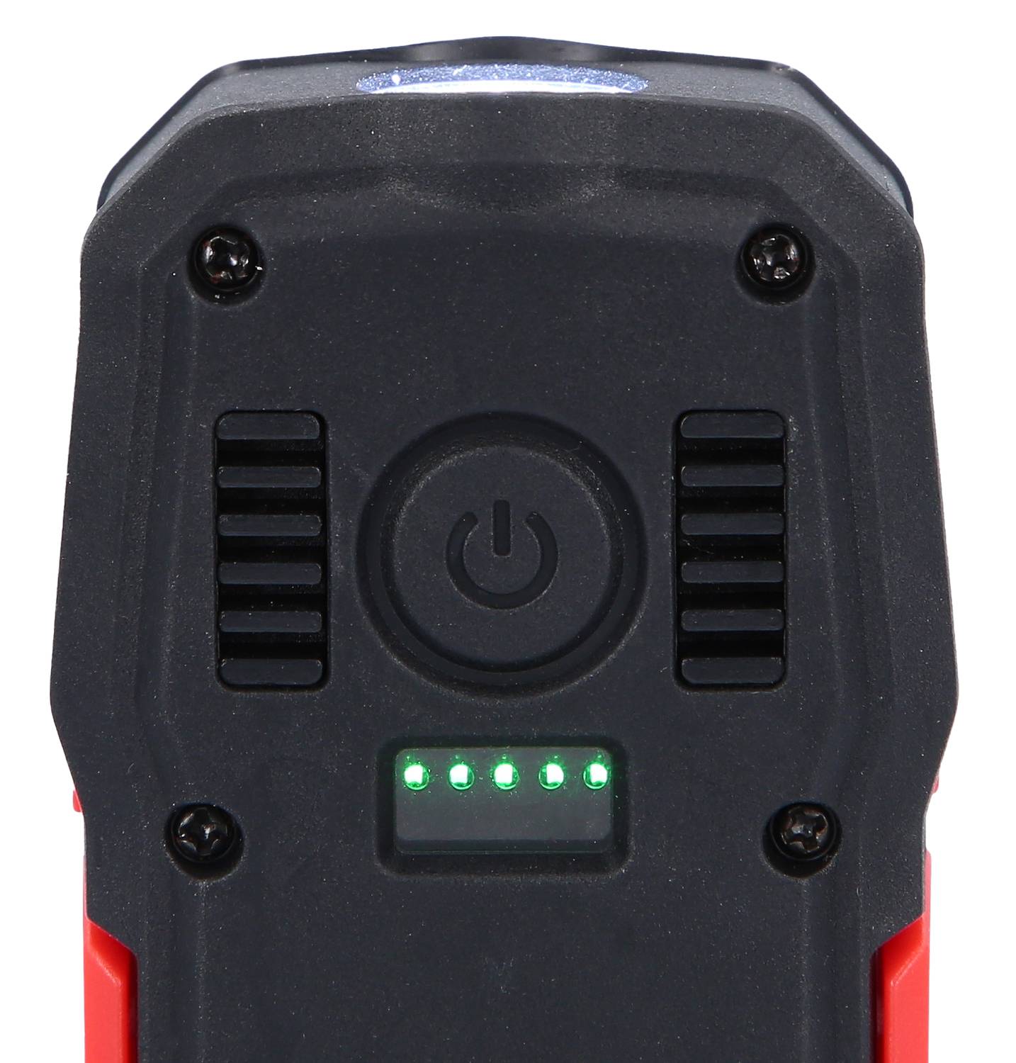 Rear view of a black electronic device with four green LED indicators and a central power switch.