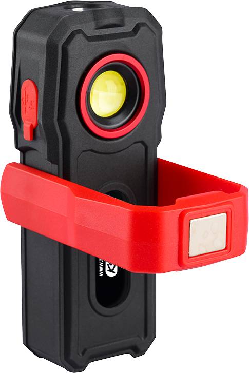 A portable, rectangular torch with a black casing and a red carrying strap on the side. At the top, there is a bright LED light.